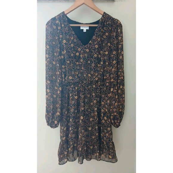 Evereve Olivia Flounce Mini Dress Size Small Brown Floral Elastic Waist Fall - Picture 1 of 9